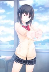 Rule 34 | 1girl, ;), absurdres, aoyama sumika, black hair, black skirt, blouse, bow, bowtie, brown eyes, cardigan, classroom, coffee-kizoku, collared shirt, cowboy shot, day, desk, head tilt, highres, indoors, interlocked fingers, long sleeves, looking at viewer, mountainous horizon, one eye closed, original, own hands clasped, own hands together, pleated skirt, red bow, red bowtie, school, school desk, school uniform, shirt, short hair, skirt, smile, solo, standing, stretching, sweater, white shirt, window