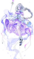 Rule 34 | 1girl, bahamut lagoon, blonde hair, braid, dress, frederica (bahamut lagoon), full body, holding, holding staff, long hair, looking at viewer, puffy short sleeves, puffy sleeves, purple dress, purple eyes, robe, shoes, short sleeves, simple background, smile, solo, staff, standing, touka (jue), very long hair, white background, white footwear, wrist cuffs