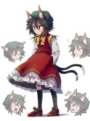 Rule 34 | 1girl, animal ear fluff, animal ears, bell, black socks, blush, brown eyes, brown hair, cat ears, cat tail, chen, closed mouth, commentary request, dress, drooling, earrings, fang, frilled dress, frills, full body, gold trim, green hat, hair between eyes, hands in pockets, hat, highres, jewelry, jingle bell, kneehighs, kusiyan, lips, long sleeves, looking to the side, mary janes, mob cap, multiple tails, nekomata, open mouth, red dress, red footwear, ribbon, shirt, shoes, short hair, simple background, single earring, sleeping, smug, socks, solo, standing, sweatdrop, tail, touhou, two tails, white background, white shirt, yellow neckwear, yellow ribbon