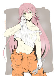Rule 34 | 1girl, akashi (kancolle), artist name, blunt tresses, breasts, clothes lift, dated, gloves, green eyes, hair ribbon, highres, holding, holding wrench, jumpsuit, jumpsuit around waist, kantai collection, long hair, looking at viewer, midriff, navel, one-hour drawing challenge, open mouth, orange jumpsuit, pink hair, ribbon, shirt lift, solo, strap slip, taira yuuki, tank top, tress ribbon, two-tone background, underboob, very long hair, white tank top, wiping sweat, wrench