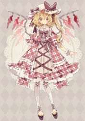 Rule 34 | 1girl, :&lt;, alternate costume, blonde hair, blush, bow, bowtie, checkered clothes, checkered dress, closed mouth, commentary, cross-laced clothes, cross-laced legwear, crystal, dress, dress bow, flandre scarlet, full body, geta, hair between eyes, hat, hat bow, highres, long hair, looking at viewer, nikorashi-ka, one side up, pantyhose, red bow, red bowtie, red dress, red eyes, solo, sun hat, toenails, touhou, white bow, white hat, white pantyhose, wings, wrist cuffs