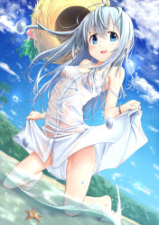Rule 34 | 1girl, ahoge, bare legs, bare shoulders, barefoot, blue eyes, blue hair, blue sky, bracelet, cloud, commentary request, day, dress, dutch angle, hat, jewelry, kneeling, kohshibasaki, light blue hair, long hair, looking at viewer, moe2020, no bra, original, see-through, shallow water, skirt hold, sky, sleeveless, sleeveless dress, solo, spaghetti strap, starfish, strap slip, straw hat, water, water drop, wet, wet clothes, white dress