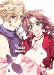 Rule 34 | 1boy, 1girl, 2023, aerith gainsborough, animal, animal on lap, aqua eyes, armor, blonde hair, blue shirt, braid, braided ponytail, brown gloves, brown hair, carrying, chinese zodiac, choker, cloud strife, cropped jacket, curly hair, dress, final fantasy, final fantasy vii, final fantasy vii remake, flower choker, gloves, green eyes, hair between eyes, hair ribbon, highres, holding, holding animal, jacket, light blush, long dress, long hair, looking at viewer, neveromance, on lap, open mouth, parted bangs, pink dress, pink ribbon, princess carry, rabbit, red jacket, ribbon, shirt, short hair, short sleeves, shoulder armor, sidelocks, single bare shoulder, sleeveless, sleeveless turtleneck, smile, spiked hair, square enix, turtleneck, upper body, white background, year of the rabbit