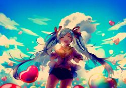 Rule 34 | 1girl, artist name, backlighting, balloon, black shorts, blouse, blue hair, blue sky, blush, bow, clothes lift, cloud, cloudy sky, contrail, cowboy shot, cumulonimbus cloud, day, dot nose, closed eyes, facing viewer, hair ornament, hairclip, hamudetsu, hatsune miku, heart, heart balloon, holding, holding heart, laughing, light particles, long hair, midriff peek, open mouth, outdoors, red bow, ribbon, sekiranun graffiti (vocaloid), shirt, shorts, sky, solo, striped, striped bow, teeth, thighs, too many, too many balloons, twintails, upper teeth only, very long hair, vocaloid, white shirt, wide sleeves, wind, wind lift, wrist ribbon