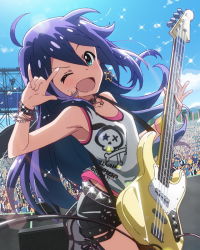 Rule 34 | &gt;;d, 10s, ;d, ahoge, aqua eyes, audience, bass guitar, earrings, idolmaster, idolmaster million live!, instrument, fender jazz bass, jewelry, long hair, mochizuki anna, official art, one eye closed, open mouth, purple hair, smile, solo focus, sweat, v-shaped eyebrows