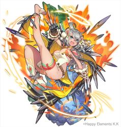 Rule 34 | 10s, animal ears, barefoot, bodypaint, breasts, claws, fire, gauntlets, grey hair, hip focus, kicking, large breasts, last period, legs, midair, official art, rope, shards, thighs