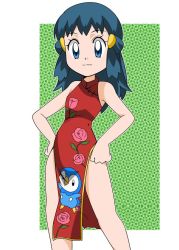 Rule 34 | 1girl, blue eyes, blue hair, breasts, chinese clothes, creatures (company), curvy, dawn (pokemon), dress, female focus, game freak, hainchu, looking at viewer, matching hair/eyes, nintendo, pokemon, pokemon (anime), pokemon dppt (anime), small breasts, smile, solo, standing