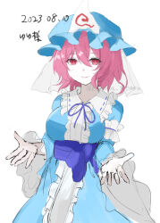 Rule 34 | 1girl, blue hat, blue kimono, closed mouth, commentary, dated, frilled kimono, frills, hat, highres, japanese clothes, kimono, kuro wa shinoru, long sleeves, looking at viewer, mob cap, one-hour drawing challenge, pink eyes, pink hair, saigyouji yuyuko, sash, short hair, simple background, smile, touhou, triangular headpiece, twitter username, white background, wide sleeves