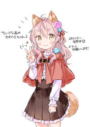 Rule 34 | &gt;:), 1girl, ahoge, animal ear fluff, animal ears, black skirt, blue flower, blush, brown eyes, capelet, center opening, closed mouth, commentary request, flower, frilled skirt, frills, hair between eyes, hair flower, hair ornament, hair ribbon, hand up, hood, hood down, hooded capelet, long sleeves, looking at viewer, original, pink flower, pink hair, pleated skirt, red capelet, red ribbon, ribbon, shirt, simple background, skirt, smile, solo, tail, translation request, v, v-shaped eyebrows, wataame27, white background, white shirt, wolf-chan (wataame27), wolf ears, wolf girl, wolf tail