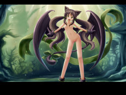 Rule 34 | 1girl, :d, animal ears, boots, bow, breasts, brown hair, cat ears, cat girl, cat tail, demon girl, female focus, flat chest, gloves, green eyes, highres, hoshi no gen, letterboxed, long hair, looking at viewer, navel, nipples, no nose, no pussy, nude, open mouth, riviera, rose (riviera), sidelocks, smile, solo, standing, demon girl, tail, tail bow, tail ornament, twintails, very long hair, wings