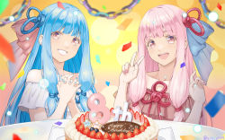 Rule 34 | 2girls, berry, birthday, birthday cake, blue hair, blue nails, blue ribbon, blunt bangs, breasts, brown dress, cake, commentary, commission, confetti, dress, food, fruit, grin, hair ribbon, hands up, happy birthday, kotonoha akane, kotonoha aoi, long hair, looking at viewer, masaki shino, multiple girls, nail polish, open mouth, own hands together, paper chain, pink eyes, pink hair, pink nails, red ribbon, ribbon, siblings, sidelocks, sisters, skeb commission, smile, star (symbol), strapless, strapless dress, strawberry, v, voiceroid, white dress