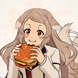 Rule 34 | 1girl, animal ears, blush stickers, brown hair, burger, closed mouth, commentary request, dog ears, eating, food, food on face, highres, holding, holding food, long sleeves, mushoku tensei, pursena adoldia, red eyes, simple background, smile, solo, tail, tail wagging, upper body, white background, yaken (11keionnota06)