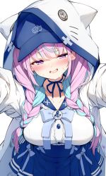 Rule 34 | 1girl, absurdres, animal hood, baseball cap, blue bow, blue bowtie, blue choker, blue hair, blue hat, blue ribbon, blue sailor collar, blue skirt, blush, bow, bowtie, braid, breasts, choker, darjeeling (reley), hat, high-waist skirt, highres, hololive, hood, hood up, hooded jacket, jacket, large breasts, long hair, long sleeves, minato aqua, minato aqua (sailor), multicolored hair, neko (minato aqua), open clothes, open jacket, open mouth, outstretched arms, pink hair, pleated skirt, purple eyes, revision, ribbon, ribbon choker, sailor collar, shirt, sideways glance, simple background, skirt, solo, sweat, twin braids, twintails, two-tone hair, virtual youtuber, white background, white jacket, white shirt