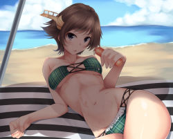 Rule 34 | 10s, 1girl, arm support, beach, beach towel, bikini, black eyes, bottle, breasts, brown hair, chestnut mouth, clenched hand, cloud, collarbone, commentary request, day, flipped hair, headgear, hiei (kancolle), hip focus, holding, horizon, kantai collection, looking at viewer, lying, medium breasts, navel, nksk, ocean, on side, outdoors, parted lips, shade, short hair, solo, spill, stomach, strapless, strapless bikini, striped, sunlight, swimsuit, towel, underboob, water, water bottle