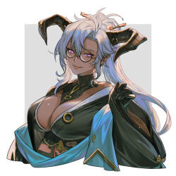 Rule 34 | 1girl, between breasts, black gloves, breasts, closed mouth, cropped torso, fang, fediel (granblue fantasy), fediel (soul soother&#039;s finery) (granblue fantasy), glasses, gloves, granblue fantasy, grey background, hand up, highres, horns, large breasts, long hair, long sleeves, looking at viewer, outside border, pointy ears, ponytail, purple eyes, round eyewear, solo, tekki (tki), white hair