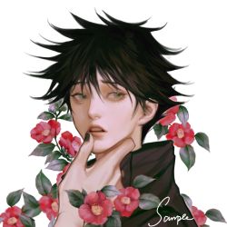 Rule 34 | 11857864, 2boys, black hair, black jacket, black nails, crying, crying with eyes open, eyelashes, flower, fushiguro megumi, grabbing another&#039;s chin, green eyes, hand on another&#039;s chin, high collar, highres, implied yaoi, jacket, jujutsu kaisen, leaf, looking to the side, male focus, multiple boys, nail polish, open mouth, realistic, red flower, ryoumen sukuna (jujutsu kaisen), school uniform, short hair, spiked hair, tears, teeth, yaoi