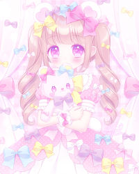 Rule 34 | 1girl, animal ears, bear ears, bear girl, bear tail, blue bow, blush, bow, brown hair, commentary request, covered mouth, curtains, dress, hair bow, highres, himetsuki luna, long hair, looking at viewer, hugging object, original, pink bow, pink dress, plaid, plaid background, polka dot, polka dot dress, puffy short sleeves, puffy sleeves, purple bow, purple eyes, ringlets, short sleeves, solo, stuffed animal, stuffed toy, tail, teddy bear, twintails, twitter username, very long hair, yellow bow, yume kawaii