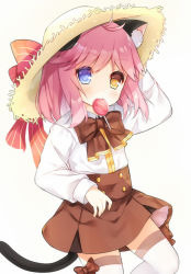 Rule 34 | 1girl, animal ears, blue eyes, blush, bow, bowtie, brown bow, brown bowtie, brown skirt, candy, cat ears, cat girl, cat tail, collared shirt, food, food in mouth, hand on headwear, hat, hat bow, heterochromia, lollipop, long sleeves, looking at viewer, mouth hold, pink hair, pleated skirt, red bow, shirt, simple background, skirt, solo, standing, standing on one leg, straw hat, striped, striped bow, tail, tengxiang lingnai, thighhighs, tirpitz (warship girls r), warship girls r, white shirt, white thighhighs, wings, yellow eyes