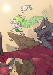 Rule 34 | 1boy, 1girl, aatrox, abs, absurdres, artist name, biceps, blush, coat, creature, crown, day, demon, demon boy, demon horns, fingernails, flexing, flying, gloves, glowing, glowing eyes, green eyes, green hair, highres, horns, hyuko wong, league of legends, long fingernails, long hair, looking to the side, lulu (league of legends), miniskirt, muscular, muscular male, nail polish, outdoors, pointy ears, red eyes, red nails, rock, sharp fingernails, shoes, signature, skirt, smile, star guardian (league of legends), star guardian lulu, sun, sunlight, sword, thick arms, topless male, weapon