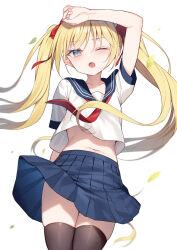 Rule 34 | 1girl, ;o, alexmaster, arm up, blonde hair, blue eyes, blue sailor collar, blue skirt, blush, bow, brown thighhighs, collarbone, commentary request, crop top, crop top overhang, fang, hair bow, highres, long hair, looking at viewer, midriff, navel, necktie, one eye closed, open mouth, original, pleated skirt, puffy short sleeves, puffy sleeves, red bow, red necktie, sailor collar, school uniform, serafuku, shirt, short sleeves, simple background, skirt, solo, stomach, thighhighs, twintails, very long hair, white background, white shirt