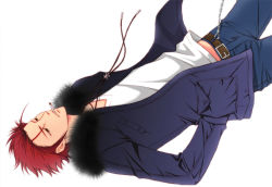 Rule 34 | 10s, 1boy, cigarette, hand in pocket, jewelry, k-project, male focus, necklace, red hair, short hair, solo, suoh mikoto, white background