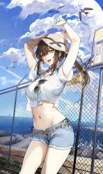 Rule 34 | 1girl, :d, arms up, bare arms, belt, blue shorts, breasts, brown hair, cloud, collared shirt, commentary, crop top, crop top overhang, cutoffs, day, denim, denim shorts, duplicate, earrings, eyewear hang, unworn eyewear, hat, highres, jewelry, kim eb, long hair, looking at viewer, midriff, nail polish, navel, open fly, open mouth, orange eyes, original, outdoors, panties, pixel-perfect duplicate, ponytail, shirt, short shorts, short sleeves, shorts, side-tie peek, sidelocks, small breasts, smile, solo, standing, stomach, string panties, sun hat, sunglasses, thighs, underwear, white shirt