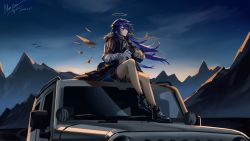 Rule 34 | 1girl, arknights, bare legs, black footwear, blue eyes, blue hair, cloud, commentary request, demon horns, female focus, fur trim, gacha, gloves, halo, highres, horns, jacket, jeep, landscape, long hair, mostima (arknights), motor vehicle, mountain, mountainous horizon, nature, night, night sky, on vehicle, outdoors, scenery, sitting, sky, solo, white gloves, z 05