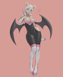Rule 34 | 1girl, animal ears, artist name, bat ears, bat girl, bat wings, bodysuit, boots, breasts, cleavage, collarbone, commentary request, covered navel, elbow gloves, full body, gloves, green eyes, hand up, heart, highres, humanization, kumanz, large breasts, lips, navel, pink background, rouge the bat, sega, shiny clothes, short hair, signature, skin tight, solo, sonic (series), standing, strapless, thigh boots, thighhighs, white footwear, white gloves, white hair, wings