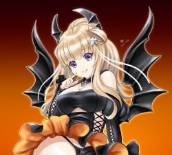 Rule 34 | 1girl, alternate hairstyle, black background, black dress, black panties, blonde hair, breasts, claws, dated, demon girl, demon horns, demon tail, demon wings, detached sleeves, double bun, dress, fangs, fletcher (kancolle), gradient background, hair bun, hair ornament, halloween, halloween costume, horns, kantai collection, large breasts, long hair, looking at viewer, multicolored background, off shoulder, orange background, panties, ponytail, purple background, purple eyes, signature, sitting, solo, star (symbol), star hair ornament, tail, tk8d32, underwear, wings