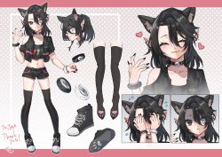 Rule 34 | 1girl, :3, ^ ^, absurdres, animal ears, bangle, black eyes, black hair, black nails, black shorts, black thighhighs, bracelet, cat ears, closed eyes, clothing cutout, collar, commission, covering face, crop top, earrings, embarrassed, expressions, fang, flying sweatdrops, full body, heterochromia, highres, jewelry, medium hair, nail polish, navel, paw print, paw print soles, phantasy star, pointy ears, ponytail, sanwari nattou, second-party source, shaded face, short shorts, shorts, shoulder cutout, single bare shoulder, skeb commission, skin fang, thighhighs, white eyes