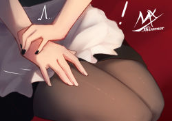 Rule 34 | !, 2girls, alternate costume, angel girl (shimmer), apron, artist logo, artist name, black-haired demon girl (shimmer), black dress, black nails, brown legwear, dress, enmaided, gradient background, hand on another&#039;s leg, highres, maid, multiple girls, nail polish, original, pantyhose, red background, shimmer, shiny clothes, sitting, yuri