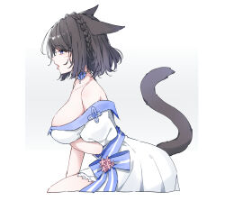 Rule 34 | 1girl, animal ears, arm under breasts, bare shoulders, black hair, braid, breasts, cat ears, cat tail, choker, cropped legs, dress, facial mark, final fantasy, final fantasy xiv, french braid, from side, highres, large breasts, miqo&#039;te, open mouth, purple eyes, sana (sanamaru 0w0), short hair, solo, strapless, strapless dress, tail, tongue, tongue out, whisker markings, white background