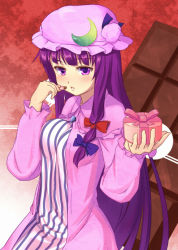Rule 34 | 1girl, bad id, bad pixiv id, blush, candy, chocolate, chocolate bar, cosmetics, crescent hat ornament, female focus, food, gift, hat, hat ornament, holding, holding gift, incoming gift, ket-c, lipstick, lipstick tube, long hair, makeup, patchouli knowledge, purple eyes, purple hair, solo, touhou, valentine, very long hair