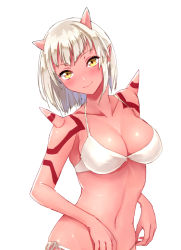Rule 34 | 1girl, bikini, blush, breasts, colored skin, dragon quest, dragon quest x, horns, kz ripo, looking at viewer, medium breasts, ogre (dq10), pointy ears, red skin, shoulder spikes, side-tie bikini bottom, simple background, smile, solo, spikes, strap gap, swimsuit, tattoo, white background, white bikini, white hair, yellow eyes