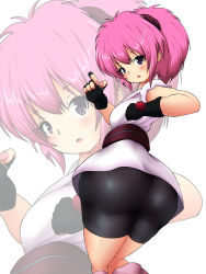 Rule 34 | 1girl, ass, bike shorts, blue eyes, blush, breasts, dougi, fingerless gloves, from behind, gloves, high ponytail, highres, huge ass, hunter x hunter, long hair, looking at viewer, looking back, loose socks, machi komacine, open mouth, pink hair, ponytail, sash, sneezy, socks, solo, wire