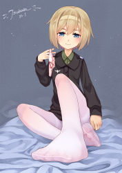 Rule 34 | 1girl, absurdres, blonde hair, blue eyes, blush, clothes removed through clothes, erica hartmann, feet, heart, heart-shaped pupils, highres, holding, holding clothes, holding panties, holding underwear, looking at viewer, military, military uniform, no shoes, panties, unworn panties, pantyhose, pink panties, short hair, sitting, smile, solo, strike witches, symbol-shaped pupils, thighband pantyhose, toes, tsubasa tsubasa, underwear, uniform, white pantyhose, world witches series