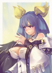 Rule 34 | 0g0nn, 1girl, absurdres, angel wings, asymmetrical wings, bad id, bad twitter id, bare shoulders, belt, blue hair, blush, border, breasts, buttons, choker, cleavage, clothing cutout, corset, detached collar, detached sleeves, dizzy (guilty gear), guilty gear, guilty gear xrd, hair between eyes, hair ribbon, hair rings, highres, large breasts, long hair, monster girl, red eyes, ribbon, sidelocks, solo, twintails, white border, wide sleeves, wings, yellow ribbon