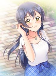 Rule 34 | 1girl, absurdres, artist name, blue bow, blue hair, blue skirt, blush, bow, breasts, checkered clothes, checkered skirt, collarbone, dress, female focus, frilled sleeves, frills, hair between eyes, highres, jewelry, long hair, looking at viewer, love live!, love live! school idol festival, love live! school idol project, miniskirt, necklace, outdoors, parted lips, plaid, plaid dress, plaid skirt, pleated, pleated dress, pleated skirt, ponyagii, short sleeves, skirt, small breasts, smile, solo, sonoda umi, white dress, yellow eyes