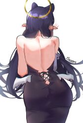 Rule 34 | 1girl, absurdres, ass, auraaa, back, back focus, backless outfit, bare shoulders, black hair, blush, butt crack, ear blush, from behind, gradient hair, halo, highres, hololive, hololive english, long hair, low wings, median furrow, multicolored hair, ninomae ina&#039;nis, ninomae ina&#039;nis (1st costume), orange hair, pointy ears, sidelocks, simple background, solo, tentacle hair, very long hair, virtual youtuber, white background, wings