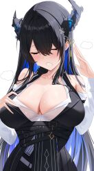 Rule 34 | 1girl, absurdres, asymmetrical horns, bare shoulders, black hair, blue hair, blush, breasts, closed eyes, clothes pull, collarbone, demon girl, demon horns, fanning self, hair ornament, highres, hololive, hololive english, horns, hot, large breasts, mole, mole under eye, multicolored hair, nerissa ravencroft, pulling own clothes, ruru (ruru nnnn), shirt pull, simple background, solo, sweat, tassel, tassel hair ornament, two-tone hair, upper body, virtual youtuber, white background