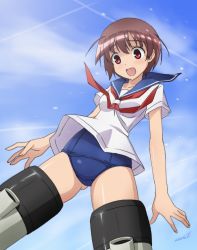 Rule 34 | 1girl, adapted costume, brown hair, company connection, cosplay, look-alike, miastral violet, miyafuji yoshika, miyafuji yoshika (cosplay), miyanaga saki, neckerchief, one-piece swimsuit, red eyes, red neckerchief, saki (manga), school swimsuit, school uniform, serafuku, short hair, smile, solo, strike witches, striker unit, swimsuit, swimsuit under clothes, trait connection, world witches series