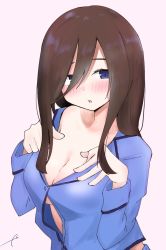 Rule 34 | 1girl, blue eyes, blue pajamas, blue shirt, blush, breasts, brown hair, cleavage, collared shirt, commentary request, dress shirt, eyebrows hidden by hair, eyes visible through hair, go-toubun no hanayome, hair over one eye, hands up, highres, kujou karasuma, long hair, long sleeves, medium breasts, nakano miku, pajamas, parted lips, pink background, shirt, signature, simple background, solo, upper body