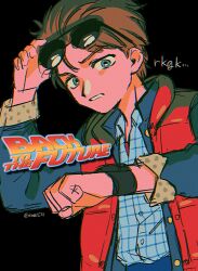 Rule 34 | 1boy, back to the future, black background, blue eyes, blue jacket, blue shirt, brown hair, clenched hand, copyright name, eyewear lift, highres, jacket, long sleeves, looking at viewer, male focus, marty mcfly, menma (enaic31), parted lips, red vest, shirt, short hair, solo, sunglasses, twitter username, vest, watch, wristwatch