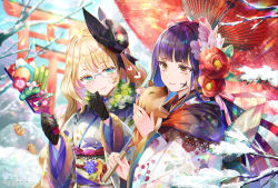 Rule 34 | 2019, 2girls, animal, bamboo, bare tree, black gloves, black hat, blonde hair, blue eyes, blue hair, blue kimono, blurry, boar, branch, brown eyes, carrying, chinese zodiac, closed mouth, commentary request, day, depth of field, floral print, flower, furisode, glasses, gloves, hagoita, hair flower, hair ornament, happy new year, hat, head tilt, heart, highres, japanese clothes, kimono, long hair, long sleeves, mountain, multicolored hair, multiple girls, nemusuke, new year, obi, oil-paper umbrella, original, outdoors, paddle, print kimono, purple hair, red flower, sash, sidelocks, smile, snow, streaked hair, sunlight, tilted headwear, torii, tree, umbrella, upper body, very long hair, wavy hair, white kimono, wide sleeves, winter, year of the pig