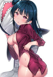Rule 34 | 1girl, ass, blue hair, blush, breasts, cleavage, collared shirt, cowboy shot, from side, gluteal fold, hair bun, highres, ikea shark, long hair, looking at viewer, looking back, love live!, love live! sunshine!!, medium breasts, naked shirt, hugging object, open clothes, open shirt, parted lips, pink eyes, purple eyes, red shirt, see-through, shiny skin, shirt, side bun, simple background, single side bun, solo, stuffed animal, stuffed shark, stuffed toy, tem10, tsushima yoshiko, twisted torso, very long hair, wet, wet clothes, wet shirt, white background