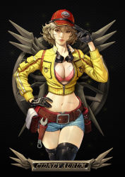 Rule 34 | 1girl, absurdres, baseball cap, belt, black gloves, blonde hair, bra, breasts, character name, cidney aurum, cleavage, cropped jacket, denim, denim shorts, dirty, dirty face, final fantasy, final fantasy xv, gloves, goggles, goggles around neck, hat, highres, jacket, kim sung hwan, looking at viewer, short hair, short shorts, shorts, solo, thighhighs, underwear, utility belt, wrench, yellow jacket
