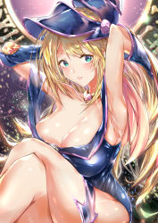 Rule 34 | 1girl, absurdres, aqua eyes, armpits, arms behind head, bare shoulders, breasts, cleavage, crossed legs, dark magician girl, duel monster, feet out of frame, hat, highres, large breasts, nakagawa kanon (pixiv32798535), solo, wizard hat, yu-gi-oh!, yu-gi-oh! duel monsters