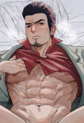 Rule 34 | 1boy, abs, bara, bottomless, facial hair, goatee stubble, highres, kiryu kazuma, large pectorals, lifting own clothes, looking at viewer, lying, male focus, mature male, medium sideburns, muscular, muscular male, navel, nipples, on back, on bed, out-of-frame censoring, pectorals, presenting, ryuu ga gotoku (series), shaved body, short hair, sideburns stubble, solo, spread legs, sssida3, stomach, stubble, sweat, thick eyebrows, tsurime, underpec