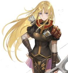 Rule 34 | 1girl, armor, arrow (projectile), blonde hair, blue eyes, bow (weapon), breastplate, clarisse (fire emblem), closed mouth, elbow gloves, fingerless gloves, fire emblem, fire emblem: new mystery of the emblem, gloves, highres, holding, holding bow (weapon), holding weapon, kyufe, long hair, nintendo, quiver, short sleeves, simple background, skirt, solo, weapon, white background