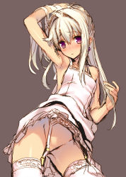 Rule 34 | 1girl, arm up, armpits, bare shoulders, blush, censored, clothes lift, convenient censoring, dress, dress lift, earrings, flat chest, garter belt, garter straps, jewelry, long hair, no panties, original, purple eyes, revision, simple background, sketch, solo, tatami to hinoki, thighhighs, white hair